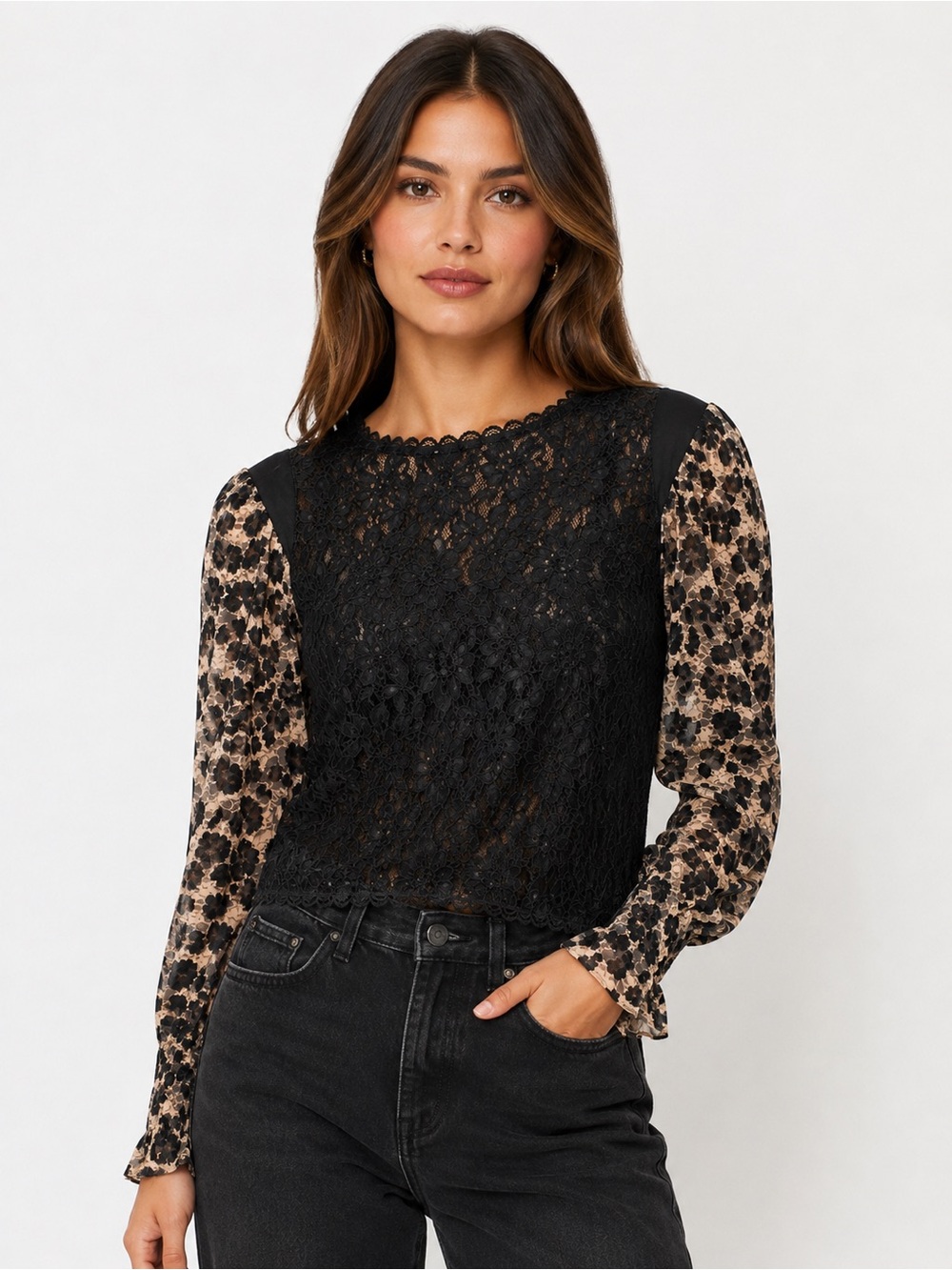 Free People Black Lace‎ Front Leopard Mixed-Print Long Sleeve Blouse